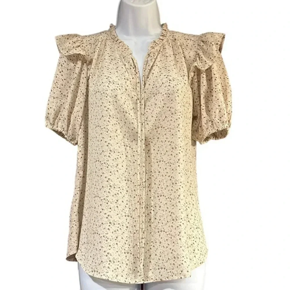 MINE Size Small Cream and Brown Blouse - Lightly Used - Gorgeous! - Picture 1 of 5